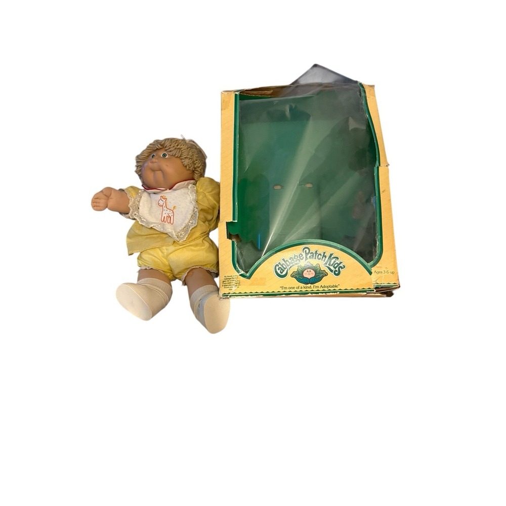 Vintage Coleco 80s Cabbage Patch Doll Blonde green eyes Eyes‎ Giraffe Bib